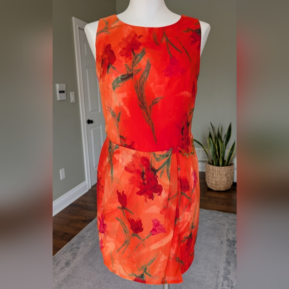 Joseph Ribkoff Floral Sheath Dress Orange Red Watercolor Print Size 8